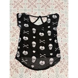 Hot Topic Skull Crossbones Hearts Sheer High Low Top Black Gothic Goth Medium
